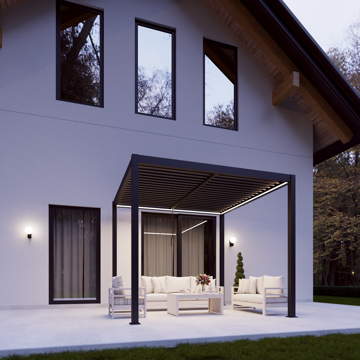 Last Remaining: 4 x 3m Aluminium Pergola with 3 Pull Down Screens & LED Lights