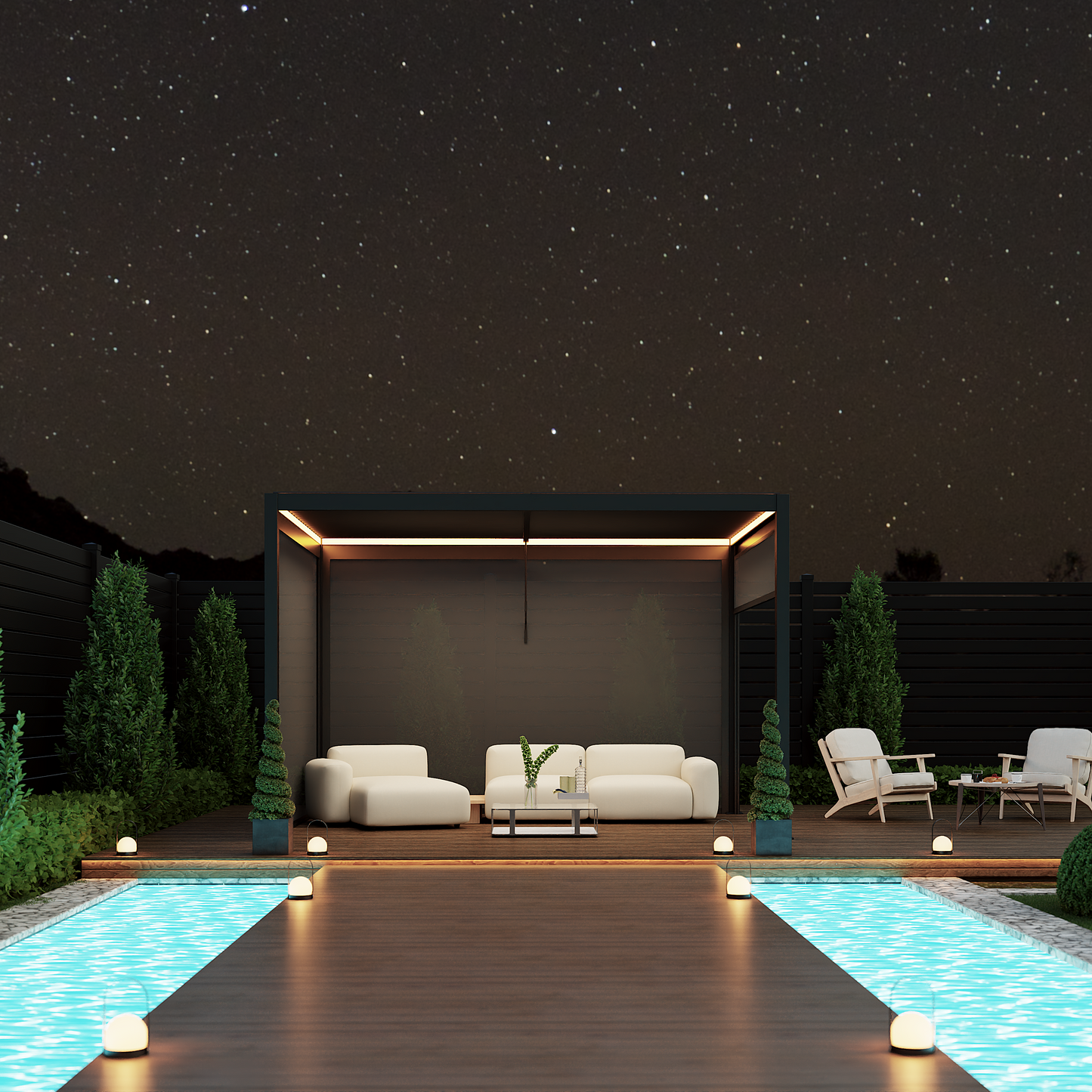 Last Remaining: 4 x 3m Aluminium Pergola with 3 Pull Down Screens & LED Lights