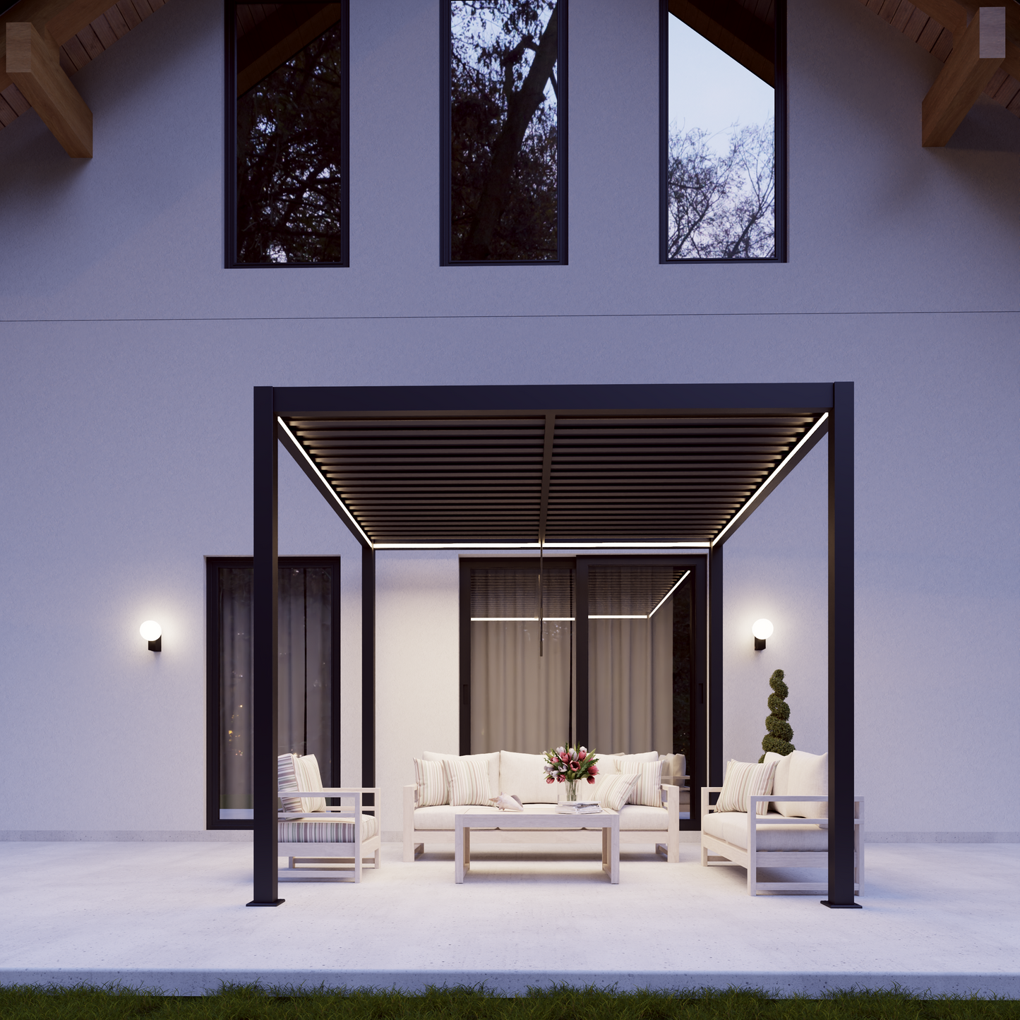 Last Remaining: 4 x 3m Aluminium Pergola with 3 Pull Down Screens & LED Lights