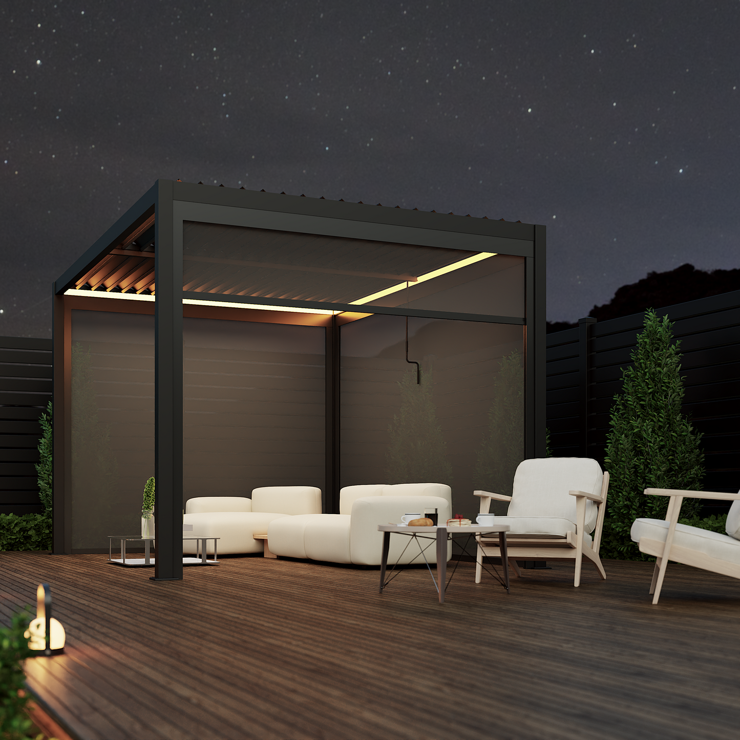 Last Remaining: 4 x 3m Aluminium Pergola with 3 Pull Down Screens & LED Lights