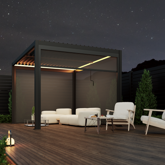 3 x 3m Aluminium Pergola with 3 Pull Down Screens & LED Lights