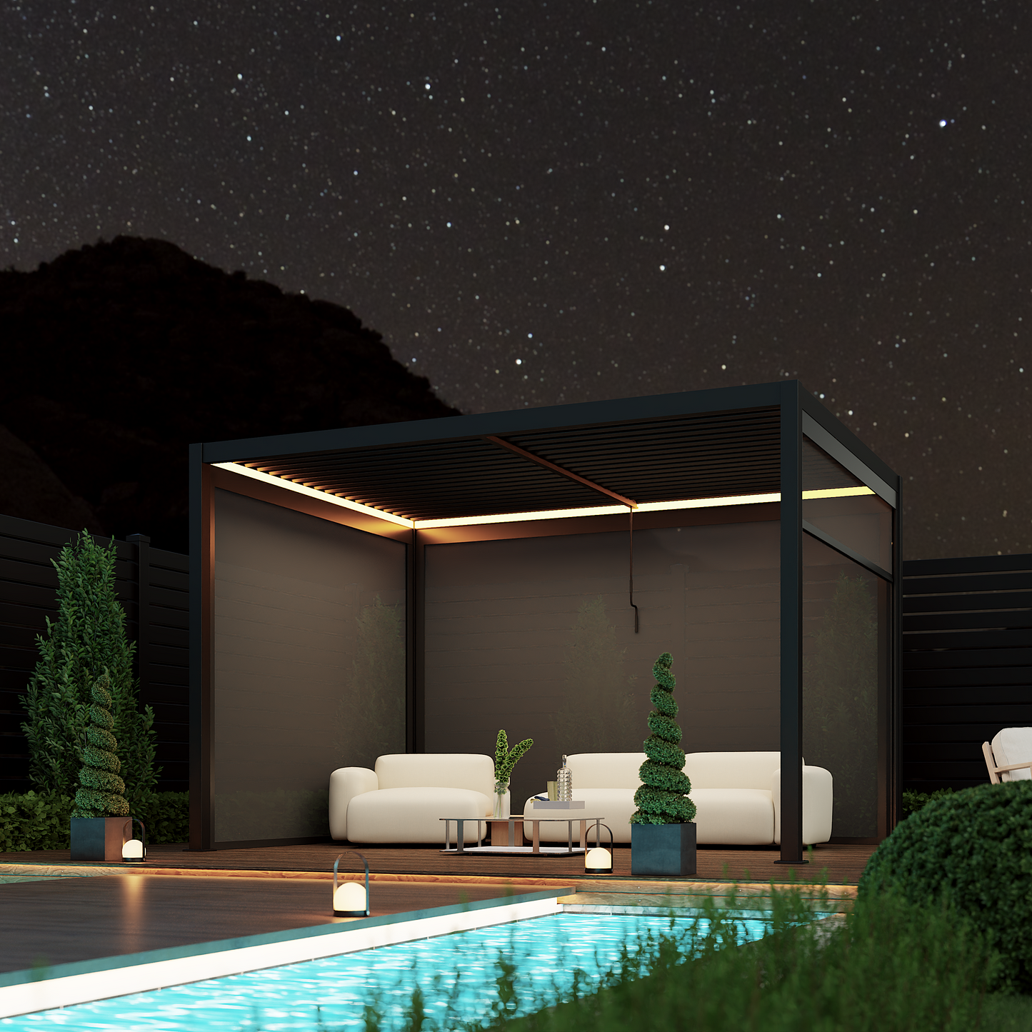 Last Remaining: 4 x 3m Aluminium Pergola with 3 Pull Down Screens & LED Lights